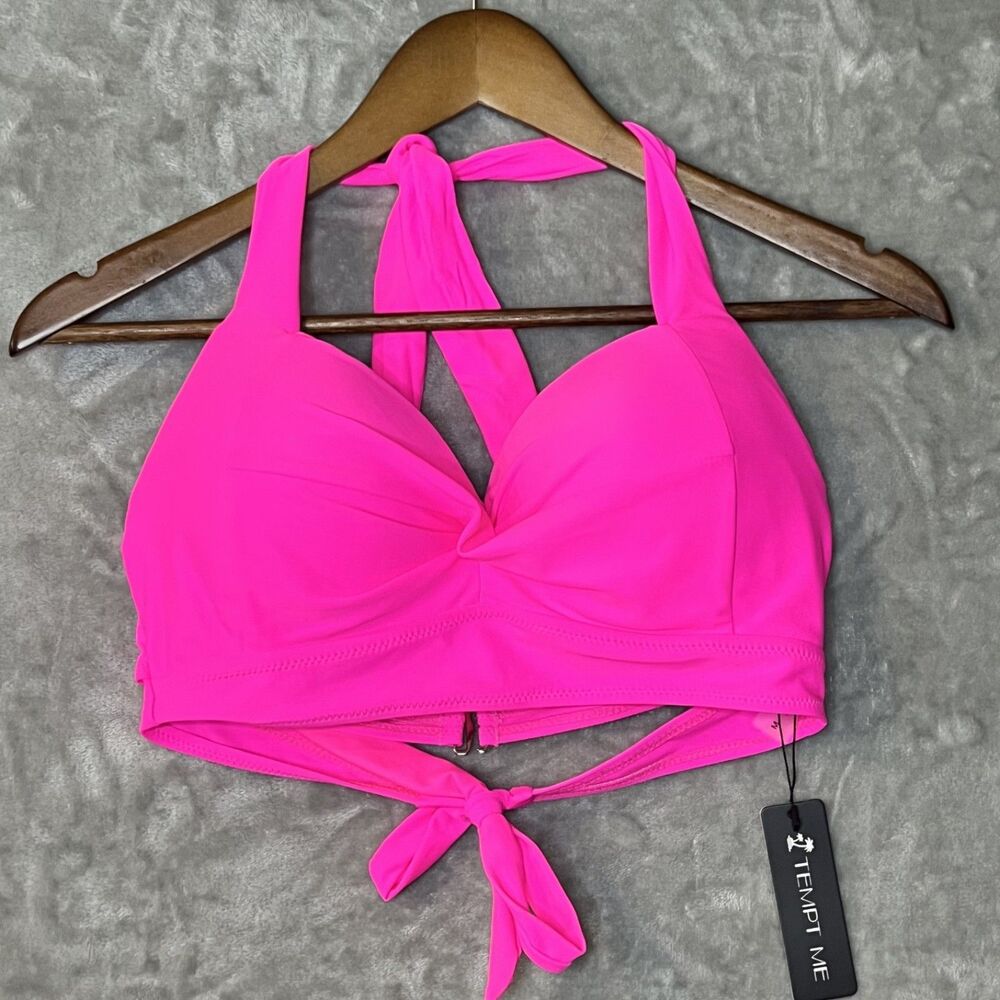 Tempt Me Women's Medium Hot Pink Padded Retro Halter Beach Bikini Top NWT